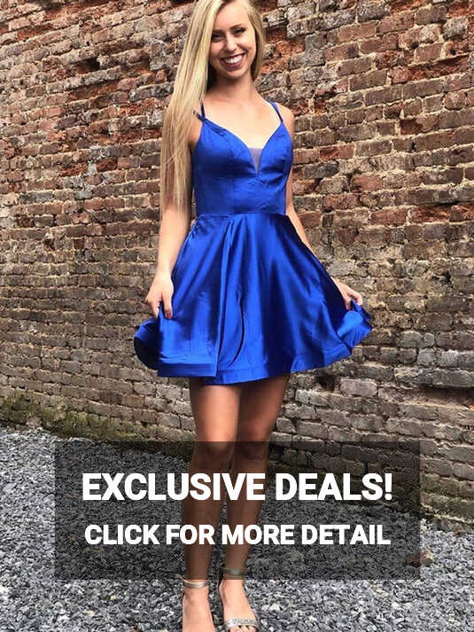 Cute V Neck Royal Blue Satin Short Prom Homecoming Dresses, Royal ...