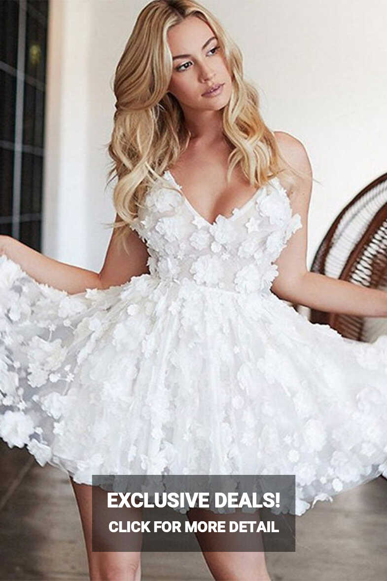 Cute White Floral V Neck Lace Short Prom Homecoming Dresses, Short ...