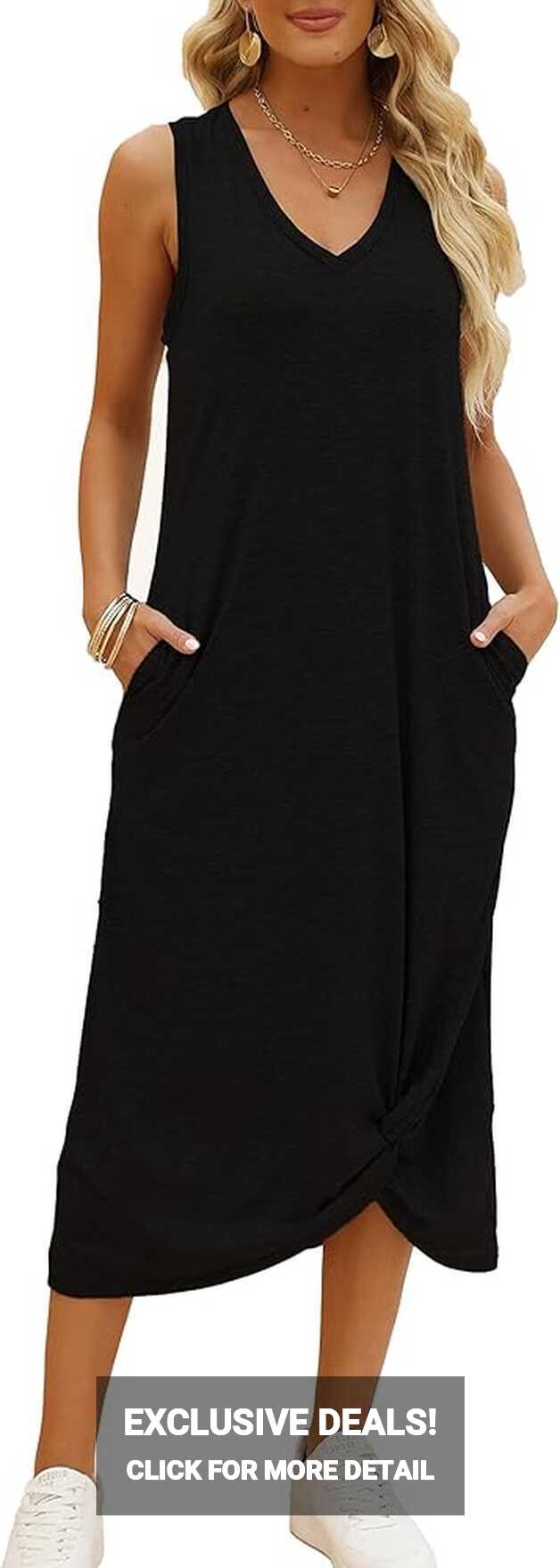 DEEP SELF Casual V-Neck All Black No Sleeve Long Dresses for Women ...