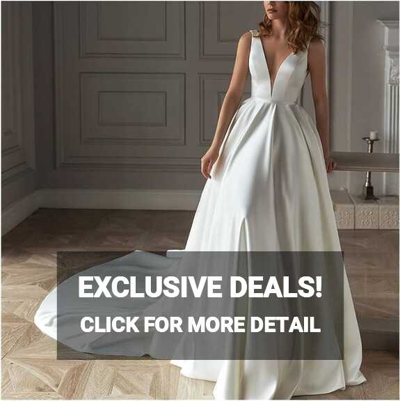 DLOETT Deep V Neck Wedding Dresses Sleeveless Pearls Backless ...