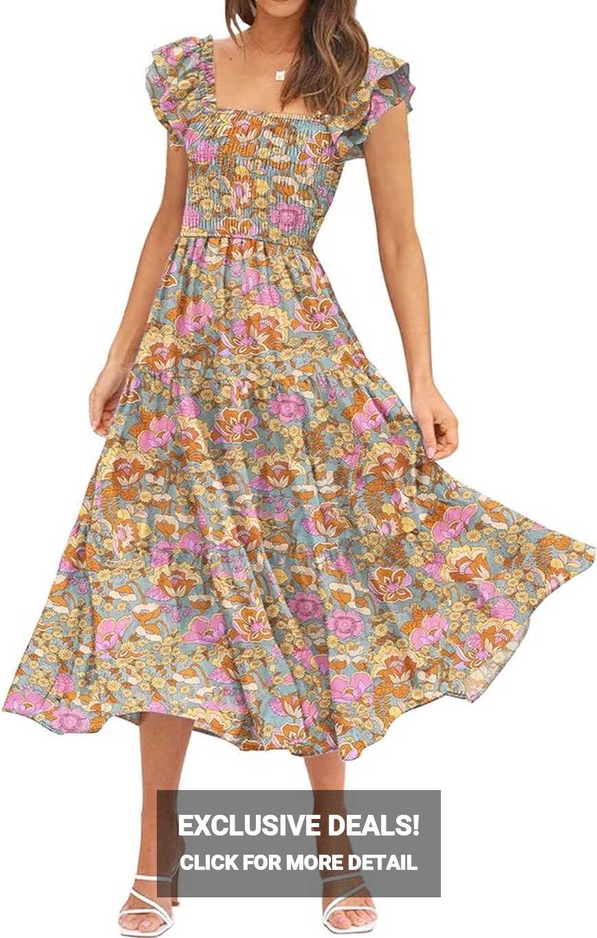 DOROSE Women&#39;s Floral Midi Dress Smocked Square Neck Wedding Guest ...