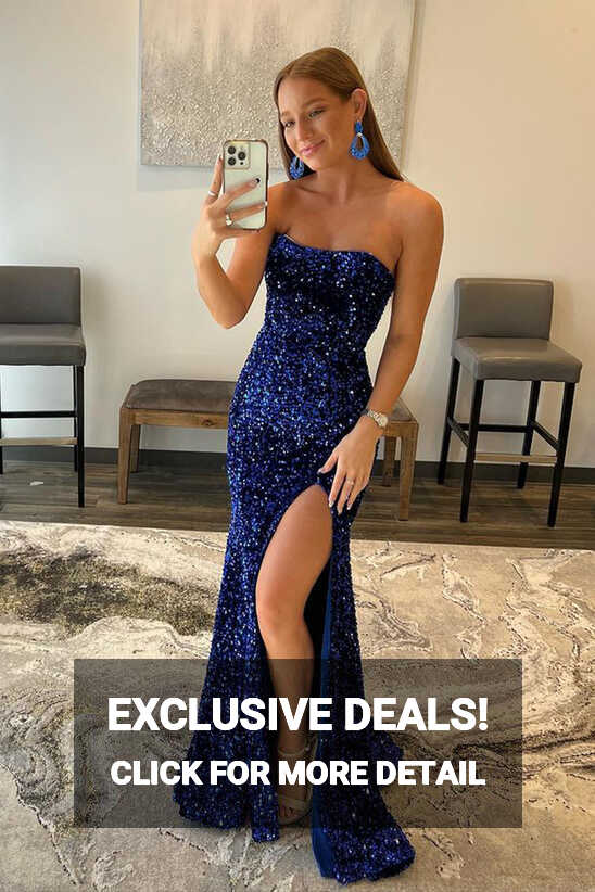 Dahlia Royal Blue Mermaid Strapless Sequins Long Prom Dress with ...