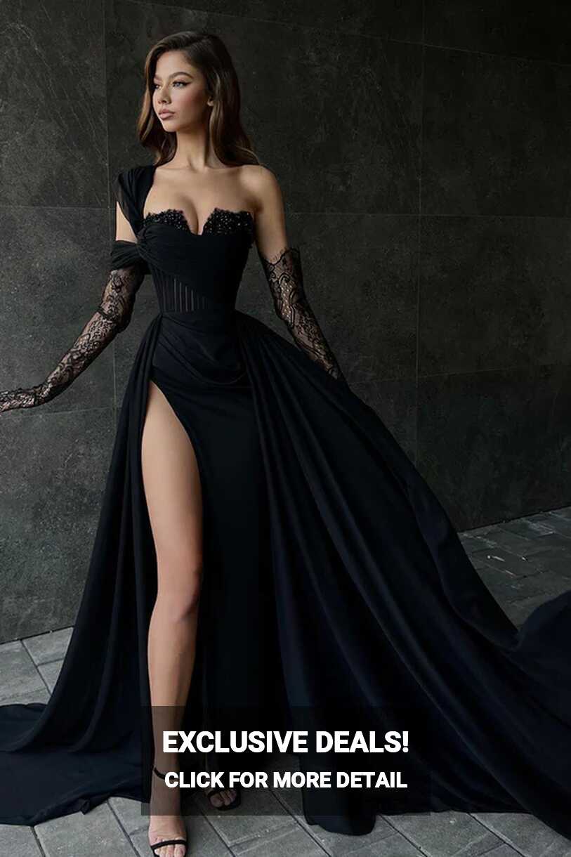 Daisda Black Stylish Strapless Slit Beaded Prom Dress With Lace ...