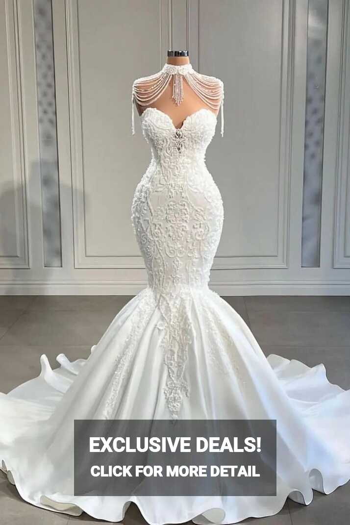 Daisda Luxury Long Mermaid Sweetheart Satin Pearl Wedding Dress ...