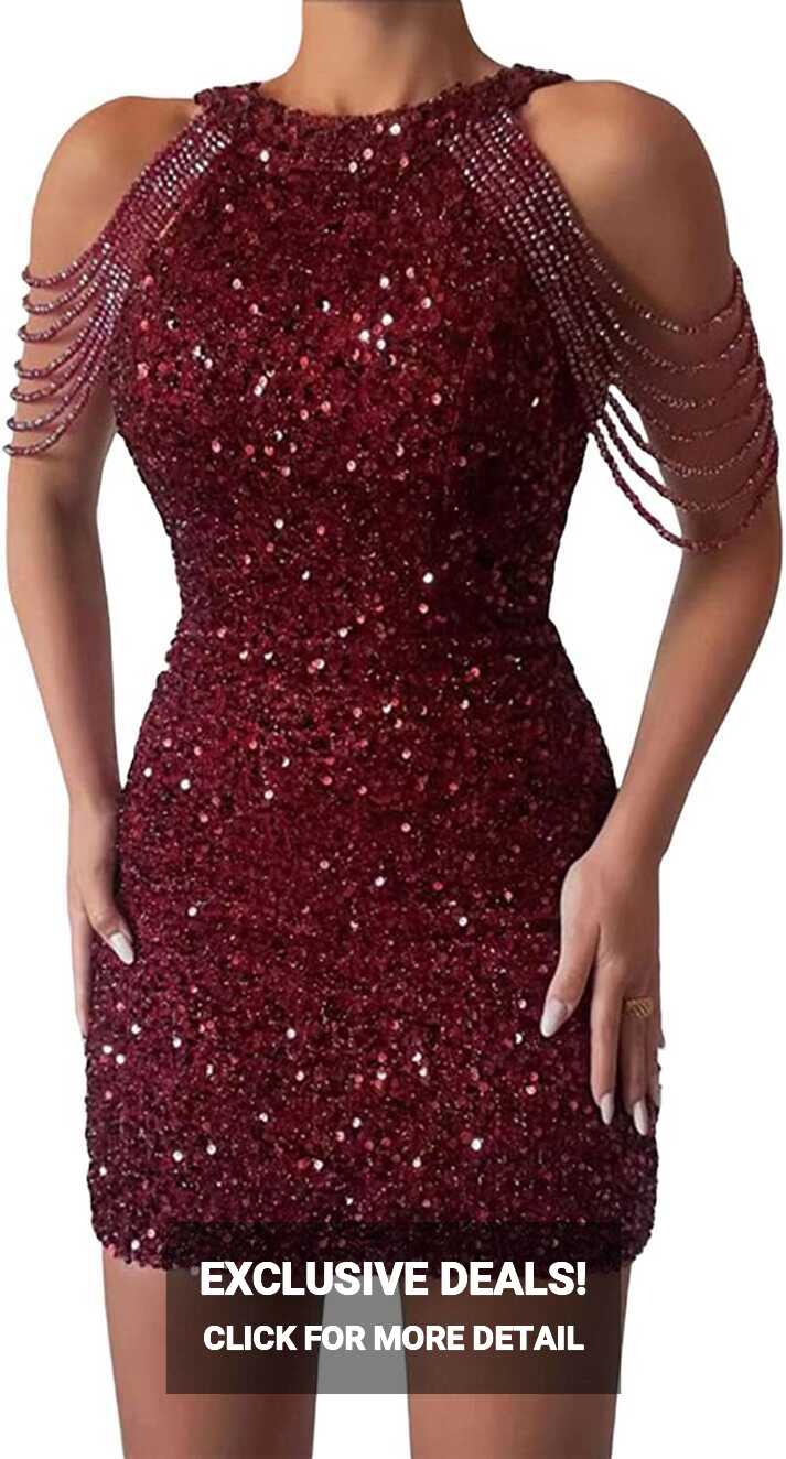 DanceeMangoo Sequin Dress Women Sparkly Glitter Cold Shoulder ...