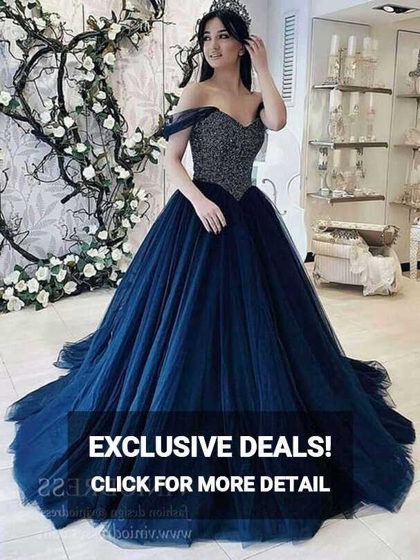 Dark Blue Beaded Long Prom Dresses Off the Shoulder Princess Dress ...