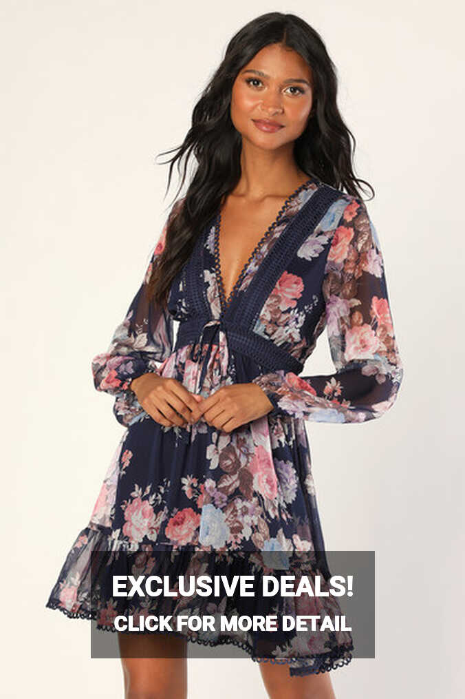 Dark Blue Mini Dress - Floral Dress - Long Sleeve Mini Dress - Lulus