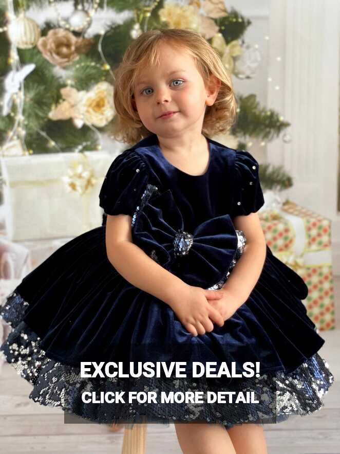 Dark Blue Velvet Flower Girl Dress, Velvet Baby Sequined Dress ...