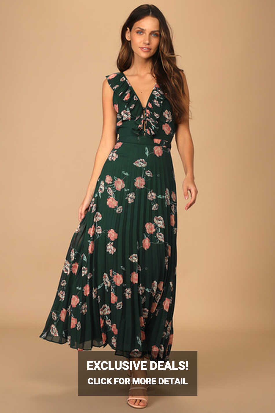 Dark Green Floral Print Dress - Maxi Dress - Pleated Dress - Lulus