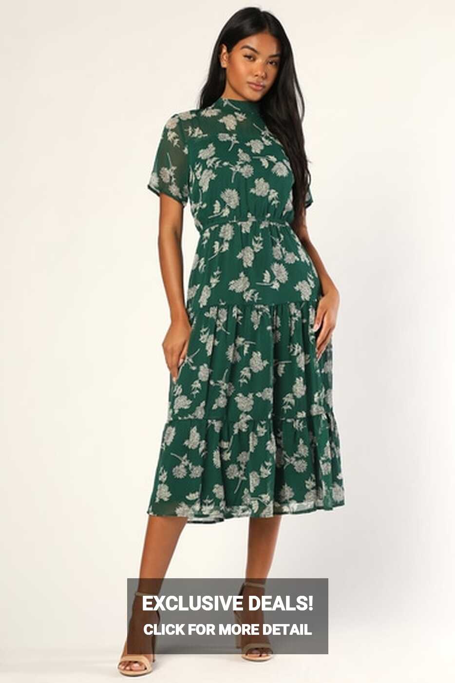 Dark Green Floral Print Dress - Midi Dress - Short Sleeve Dress ...