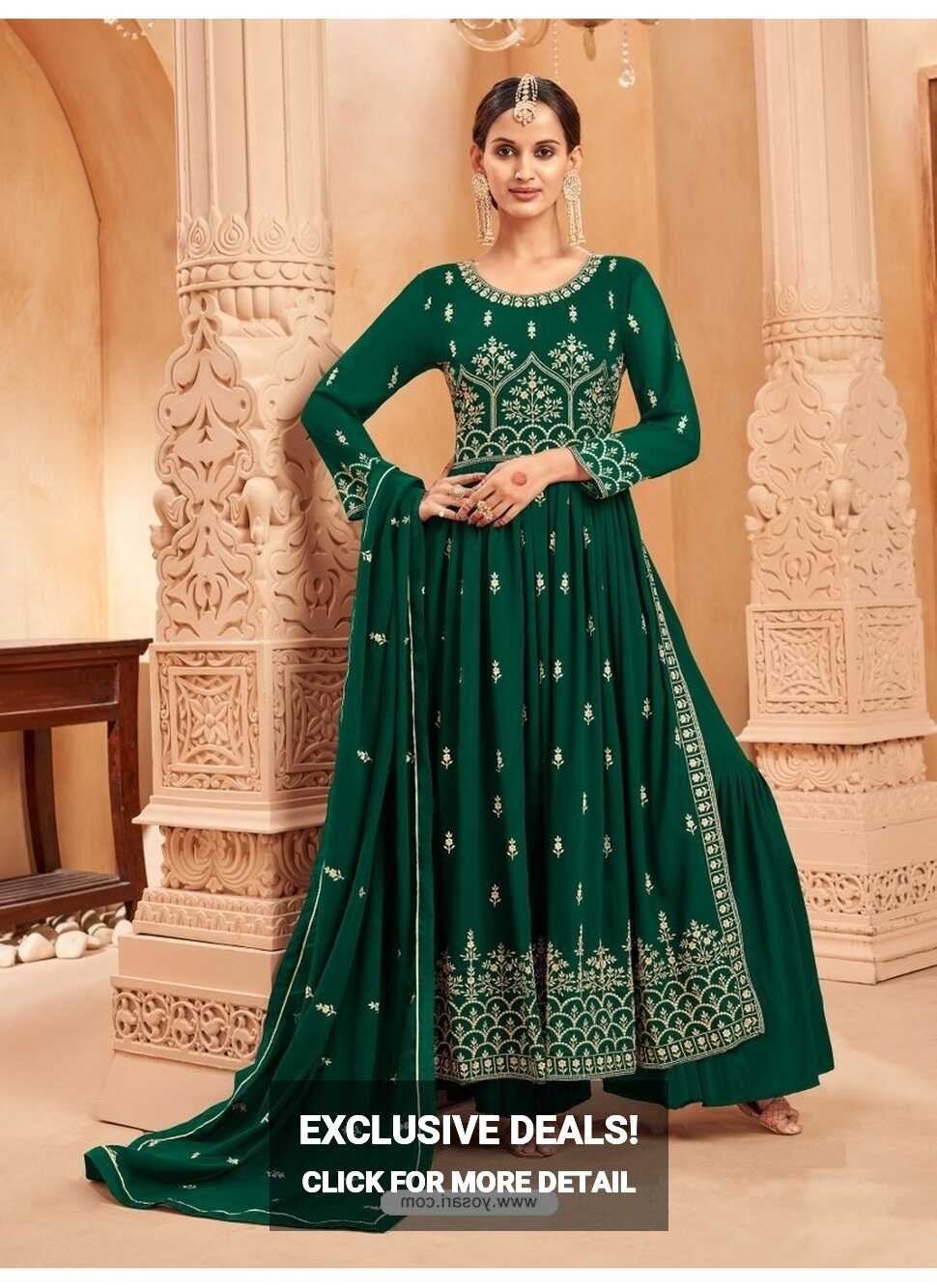 Dark Green Georgette Zari Work Naira Cut Palazzo Suit YOS26216