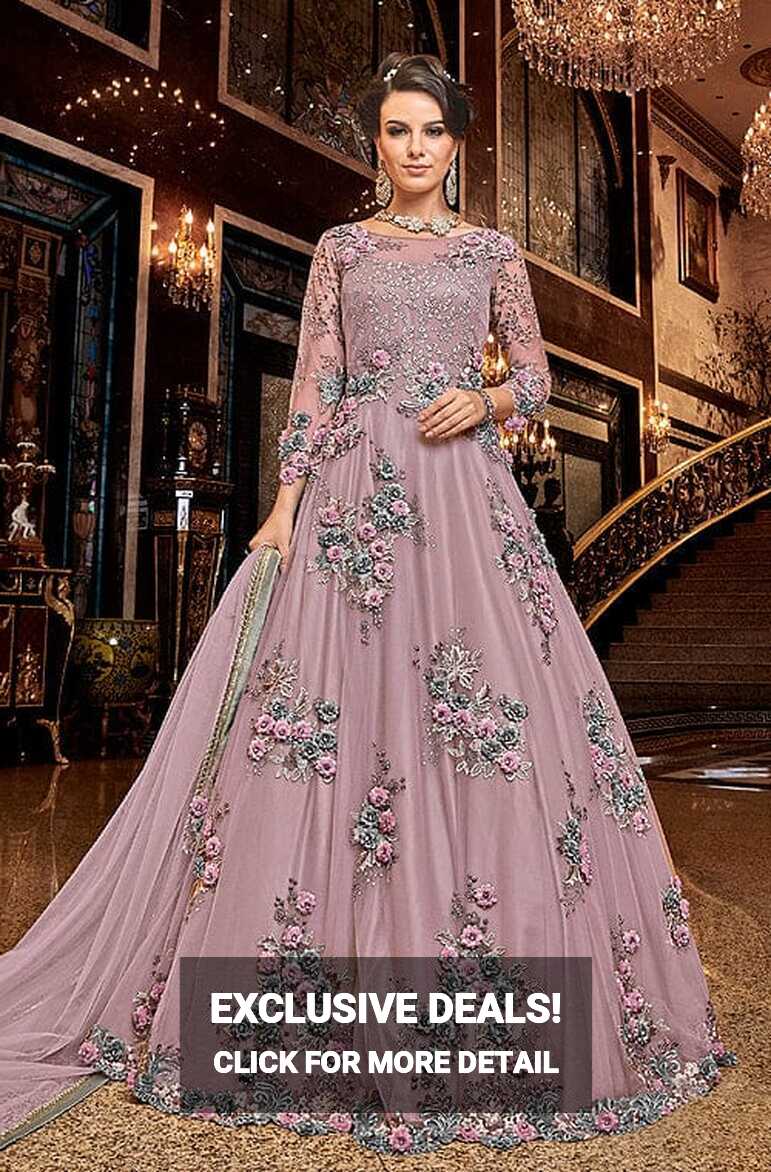 Dark Mauve Designer Heavy Embroidered Net Wedding Anarkali Gown ...