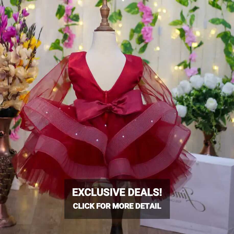 Dark Red Color Full Sleeves Dress For Baby Girls By Jimee Kids Couture