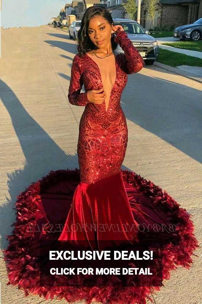 Dark Red Feather Mermaid Red Mermaid Prom Dress With V Neck And ...