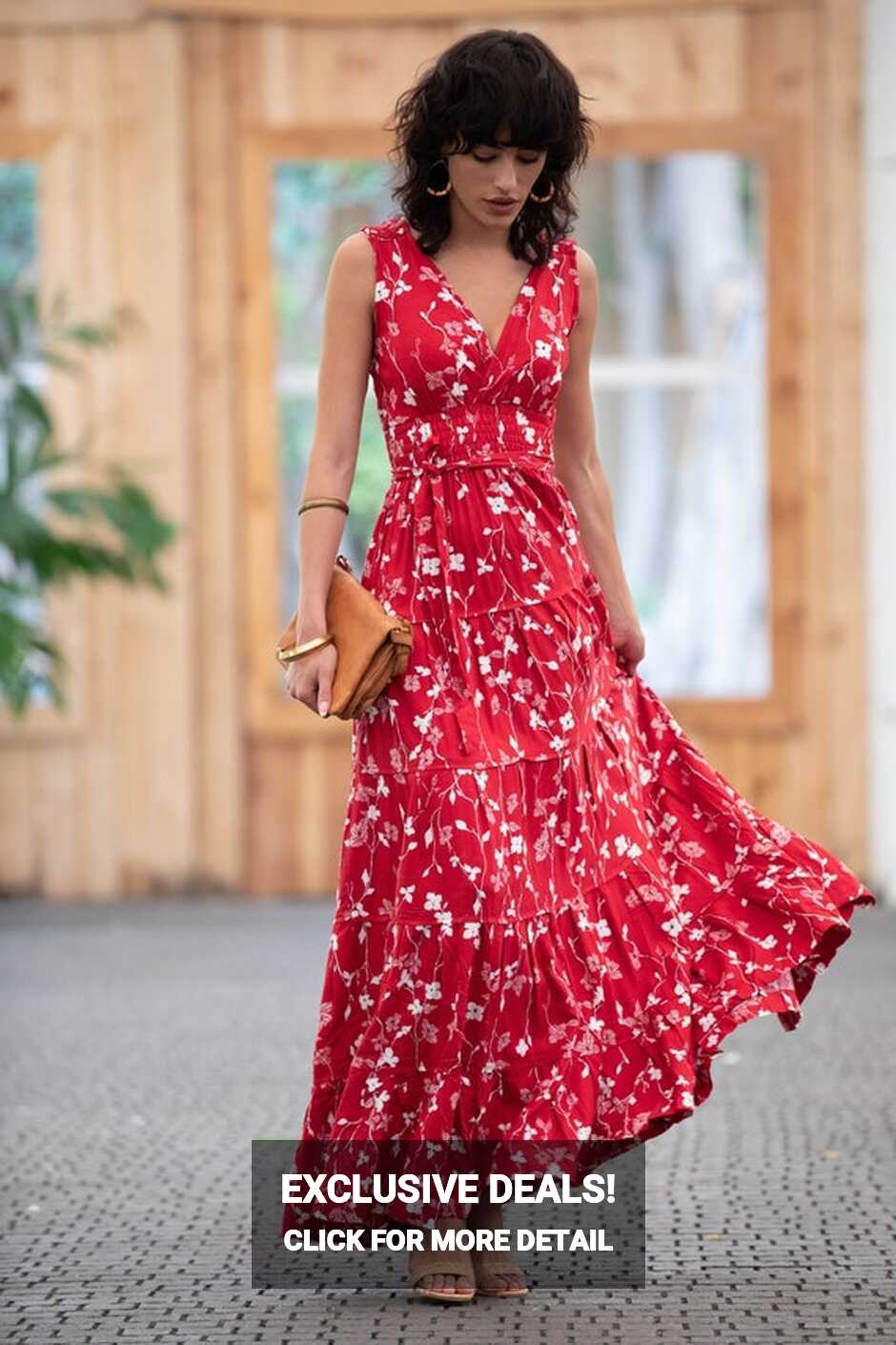 Dark Red Floral Boho Chic Summer Maxi Dress, Women Empire Waist ...