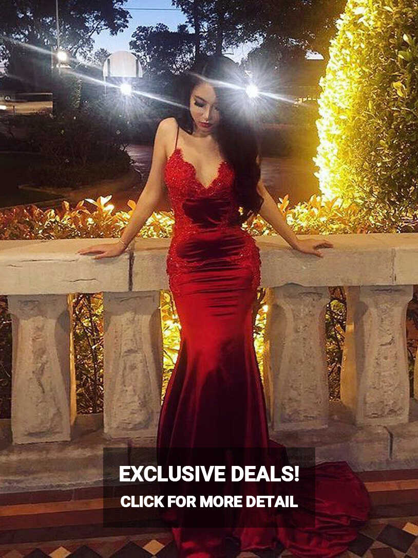 Dark Red Lace Applique Jersey Spaghetti Strap Mermaid Prom Dresses ...