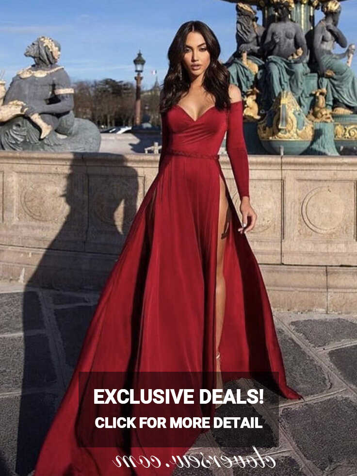 Dark Red Off The Shoulder Long Sleeves High Side Slit Prom Dresses ...