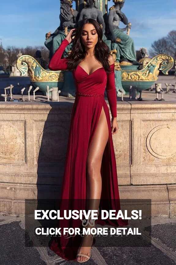 Dark Red Off-the-shoulder V Neck Sexy Slit Prom Dress - VQ