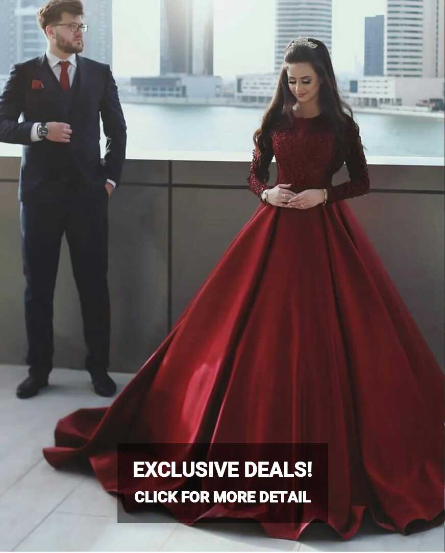 Dark Red Satin Lace Applique Full Sleeve Prom Dress With Jewel ...