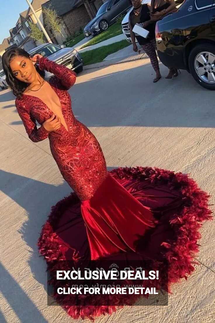 Dark Red Sequin Velvet Feather Mermaid Prom Dress - Promfy