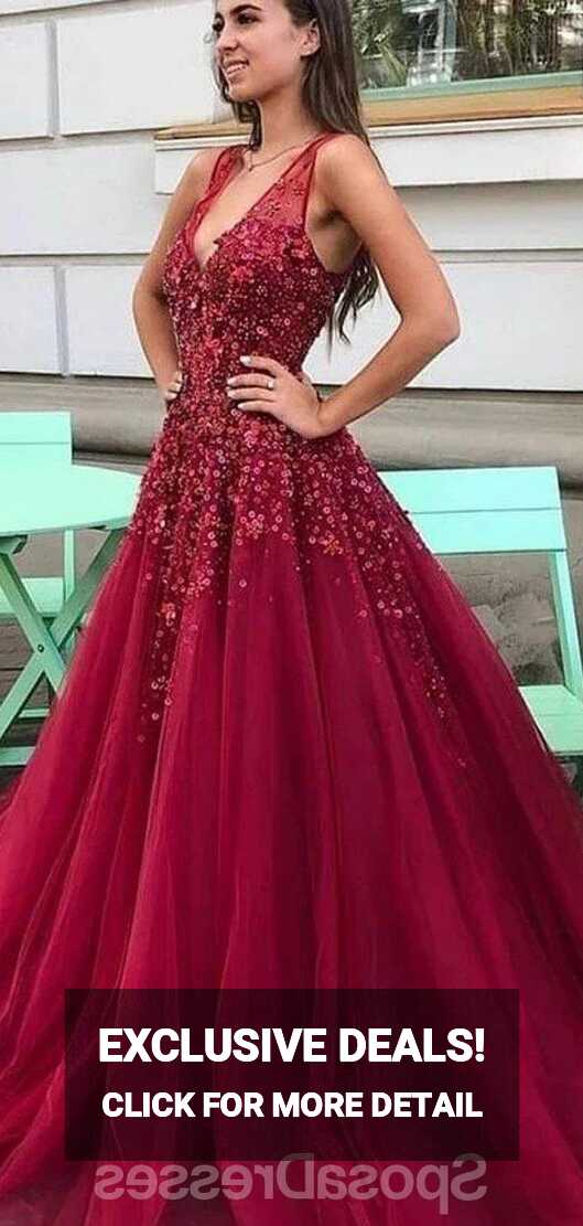 Dark Red V Neck A-line Tulle Long Evening Prom Dresses, Evening ...