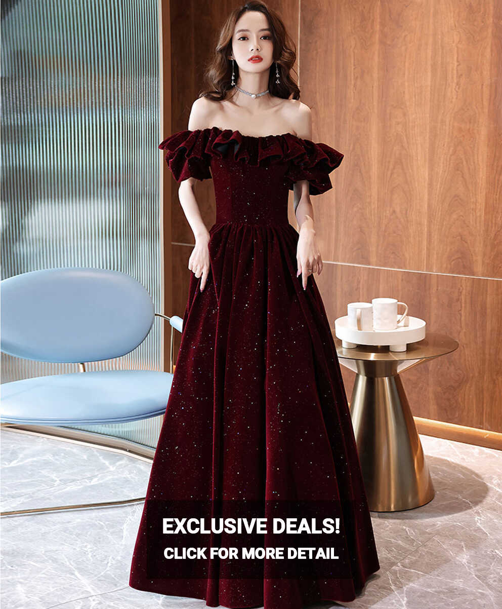 Dark Red Velvet Off Shoulder Party Dress, A-line Velvet Long ...