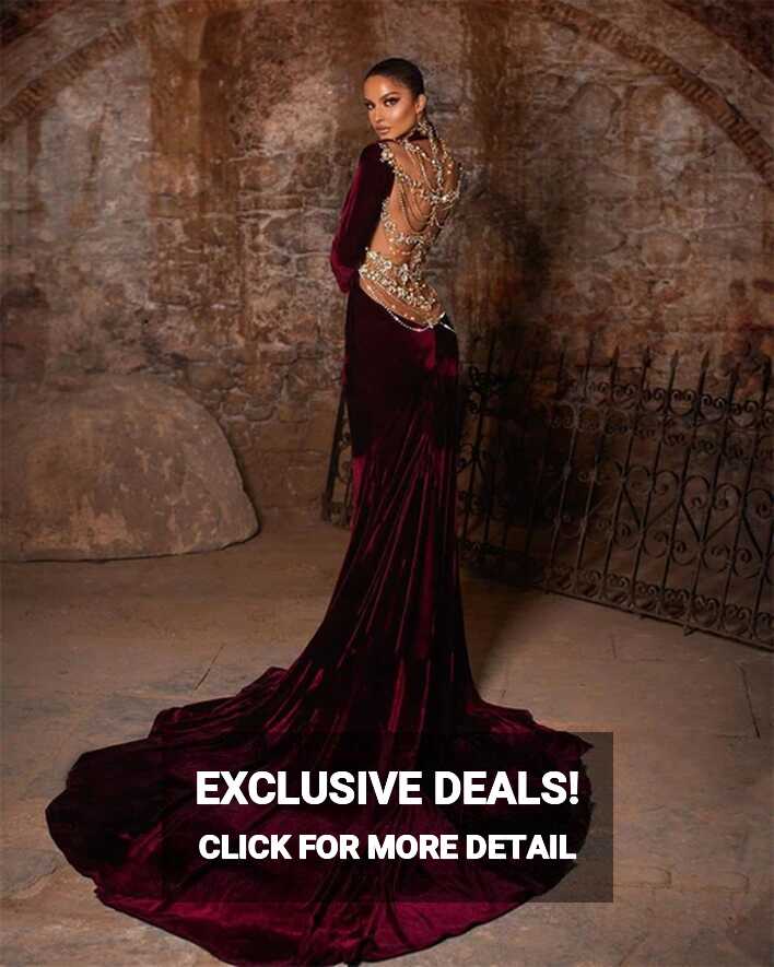 Dark Red Velvet Prom Dresses High Neck Long Sleeves Evening Dress ...