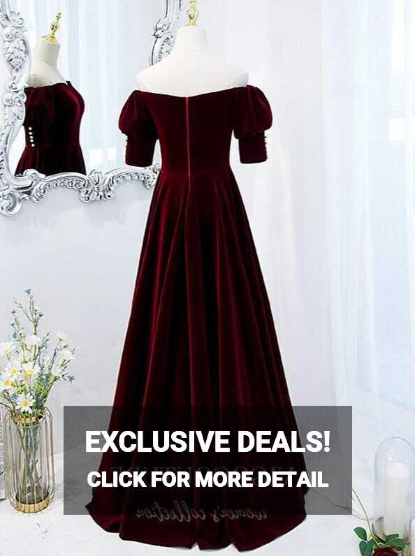 Dark Red Velvet Short Sleeve Prom Dress 2022 Off the Shoulder ...