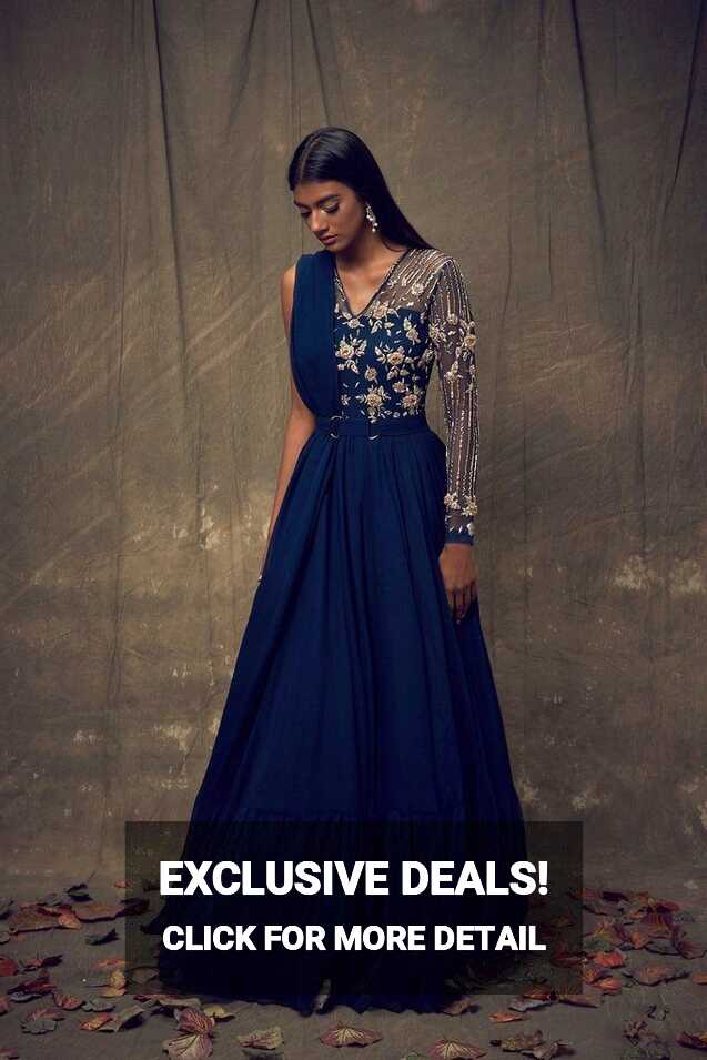 Dark Teal Blue Single Sleeve Embellished Gown