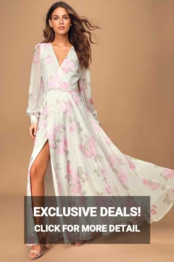 Dark White Floral Maxi Dress - Wrap Dress - Long Sleeve Dress - Lulus