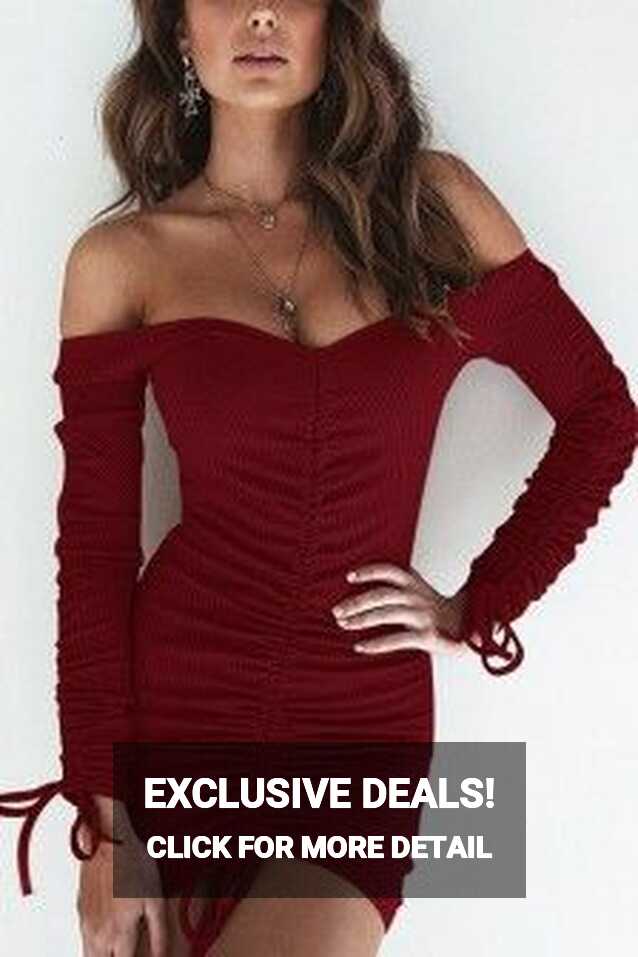 Dark-red Ribbed Off Shoulder Ruched Long Sleeve Sexy Bodycon Dress