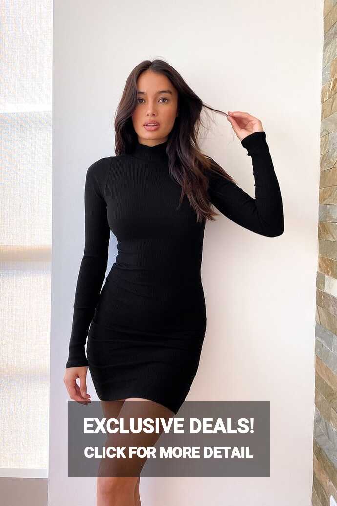 Dashing Black Ribbed Mock Neck Long Sleeve Bodycon Mini Dress