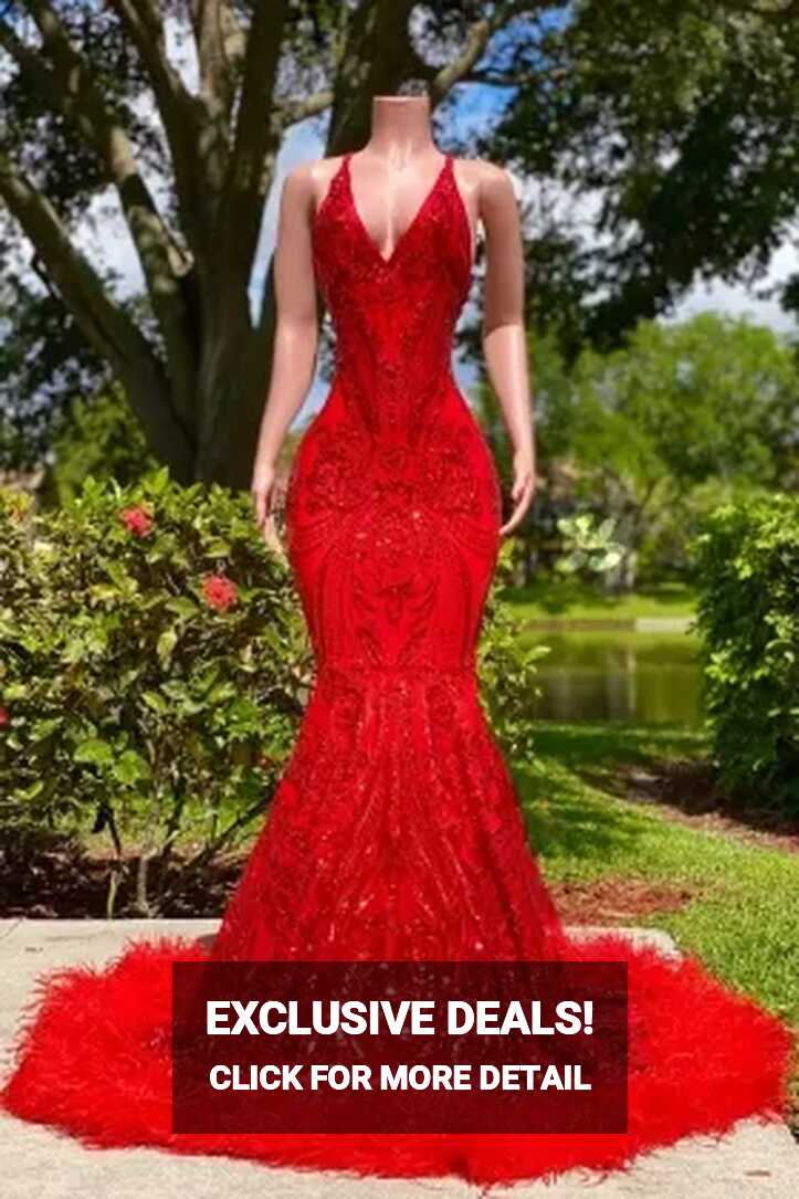 Dazzling Red Sequin and Feather Unique Mermaid Prom Dress - VQ