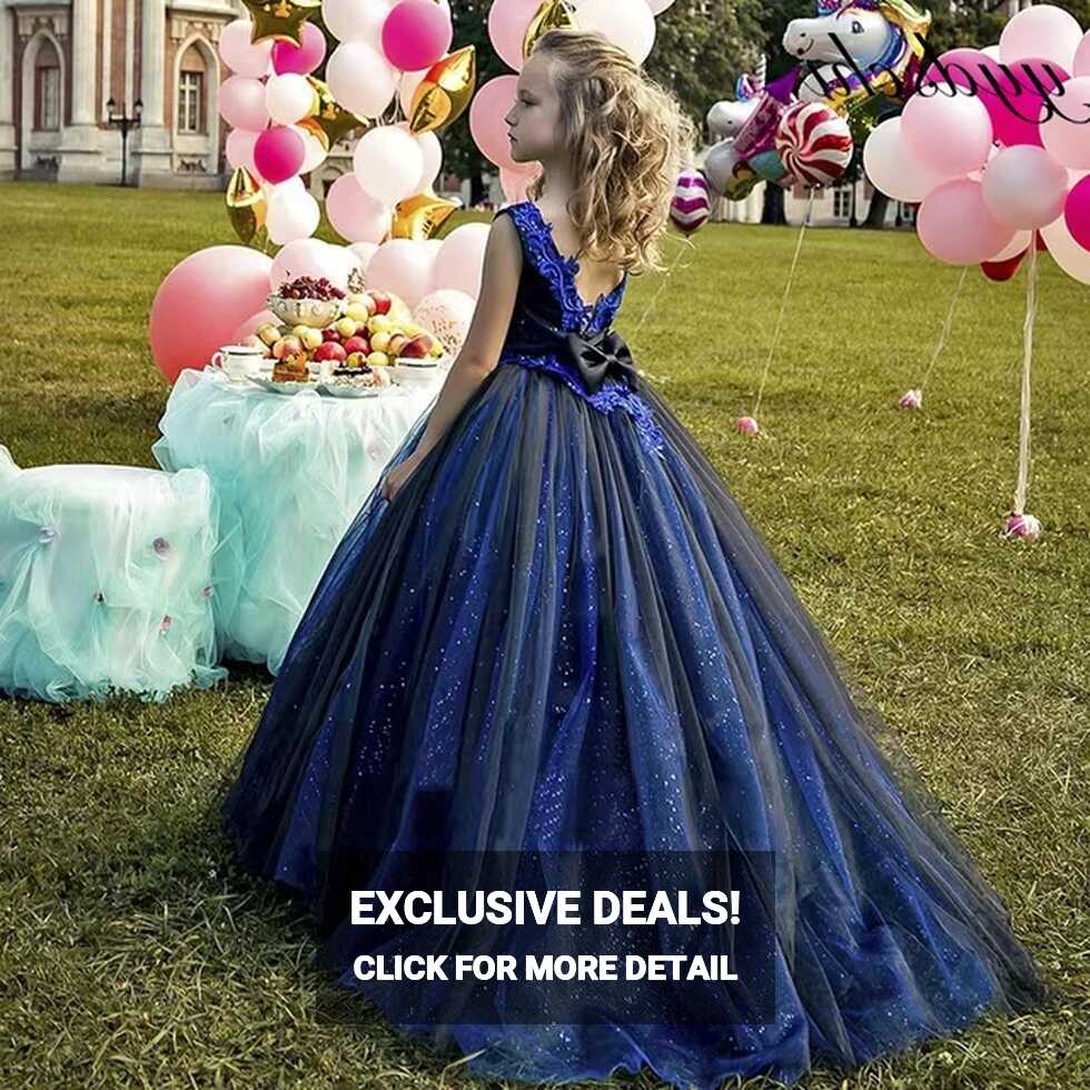 Deep Blue Shiny Flower Girl Dresses Elegant Princess Lace Ball ...