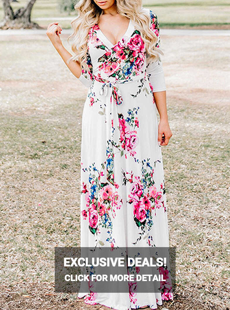 Deep V Floral Maxi Dress - 3/4 Sleeve / White