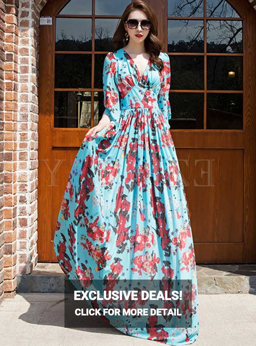 Deep V-Neck Flare Sleeve Floral Print Long Beach Dresses