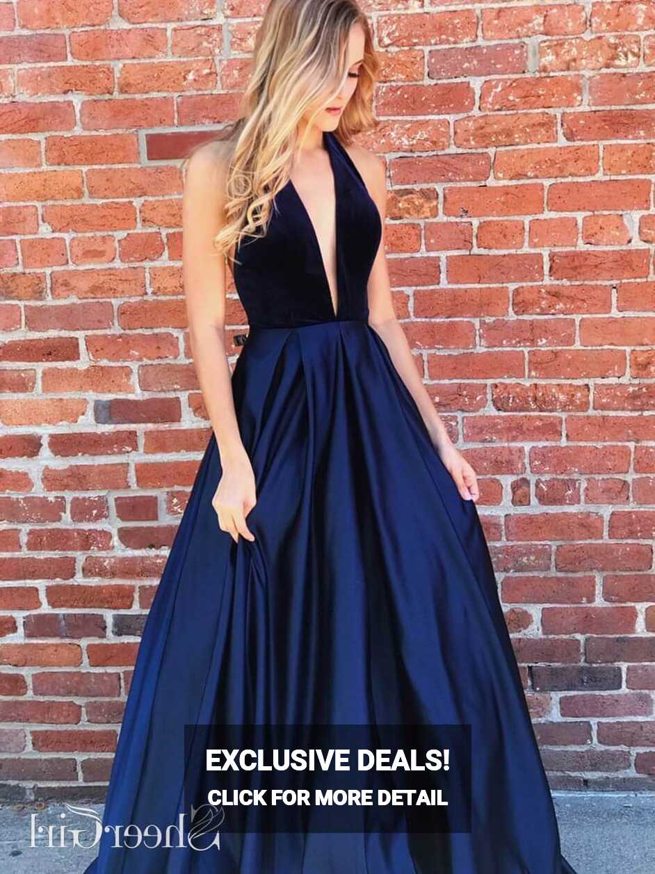 Deep V Neck Navy Blue Long Prom Dresses Sexy Backless Formal Dress ...