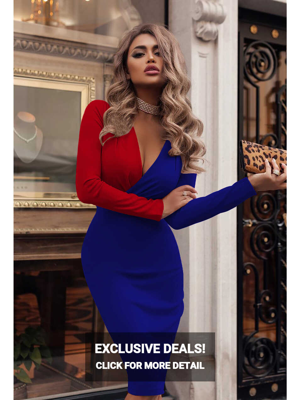 Deep V Neck Patchwork Long Sleeve Knee Length Bodycon Dress ...