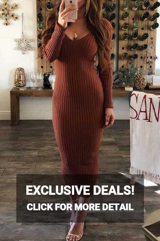 Deep V Neck Plain Long Sleeve Maxi Dresses