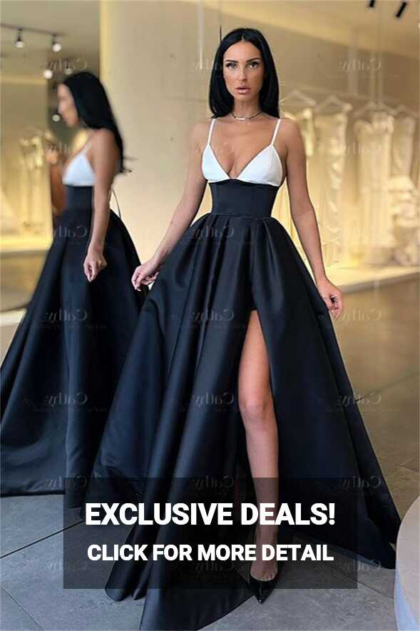 Deep V Neck Satin A Line Party Dress Elegant Black Floor Length ...