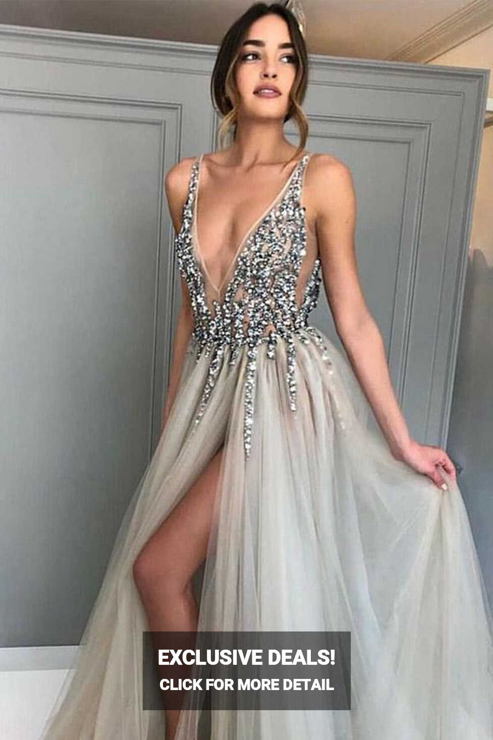 Deep V Neck Split Grey Sexy Evening Dress with Beading JTA3651