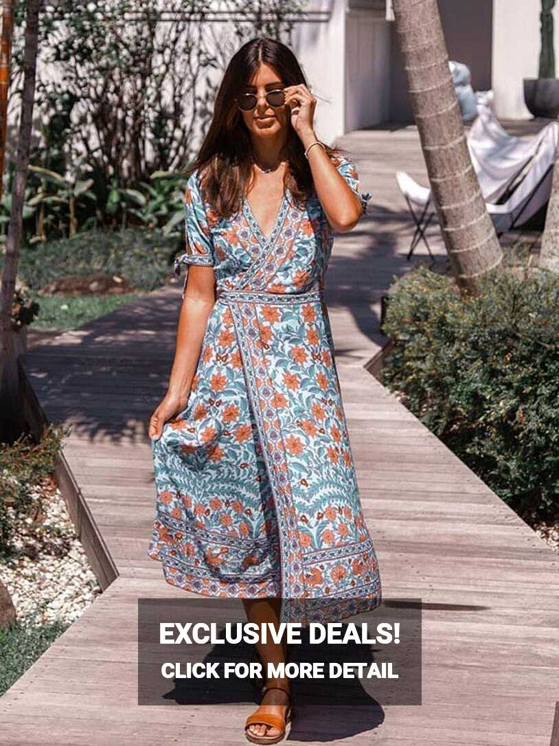 Deep V Neck Wrap Gypsy Boho Dress - ChicBohoStyle – Chic Boho Style