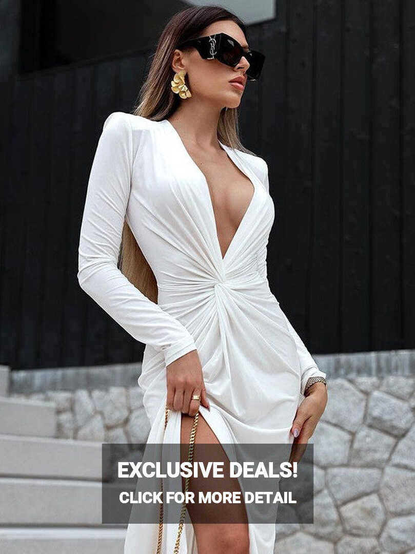 Deep V Plunge Neck Long Sleeve High Slit Maxi Dress