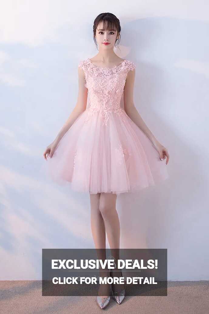 Delicate Baby Pink Floral Lace Short Cocktail Dress - Promfy