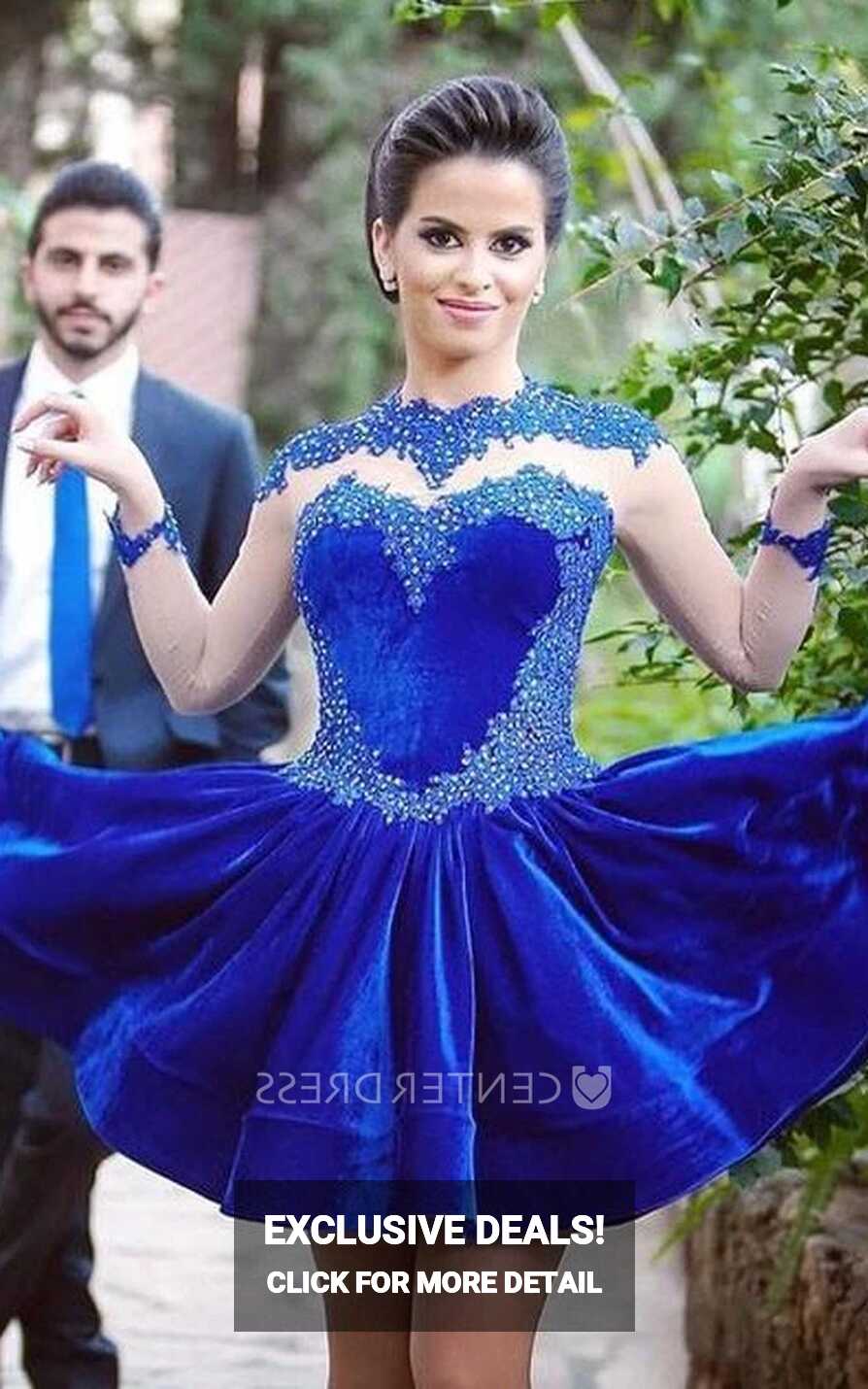 Delicate Long Sleeve Royal Blue Short Homecoming Dress Appliques ...