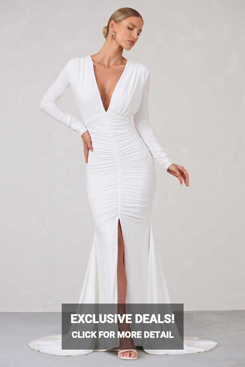 Demure White Ruched Long-Sleeved Split Fishtail Maxi Dress – Club ...