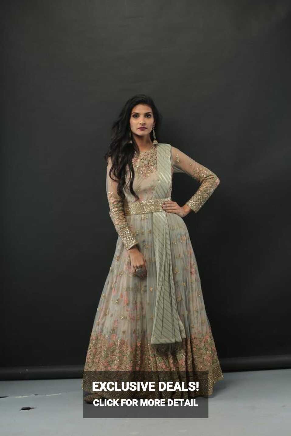 Designer Baksah&#39;s Grey Embellished Print Georgette Anarkali - Rent