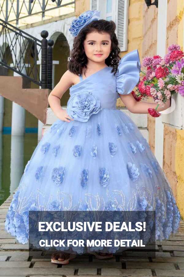 Designer Blue Net Gown With Floral Embellishment For Girls ...