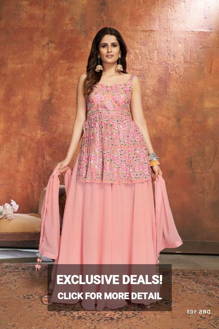 Designer Light Pink Dress With Floral Embroidery - Rent