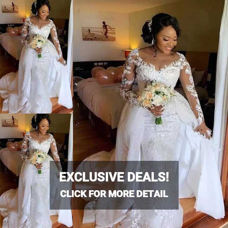 Detachable African Wedding Dresses Lace With Long Sleeve Mermaid ...